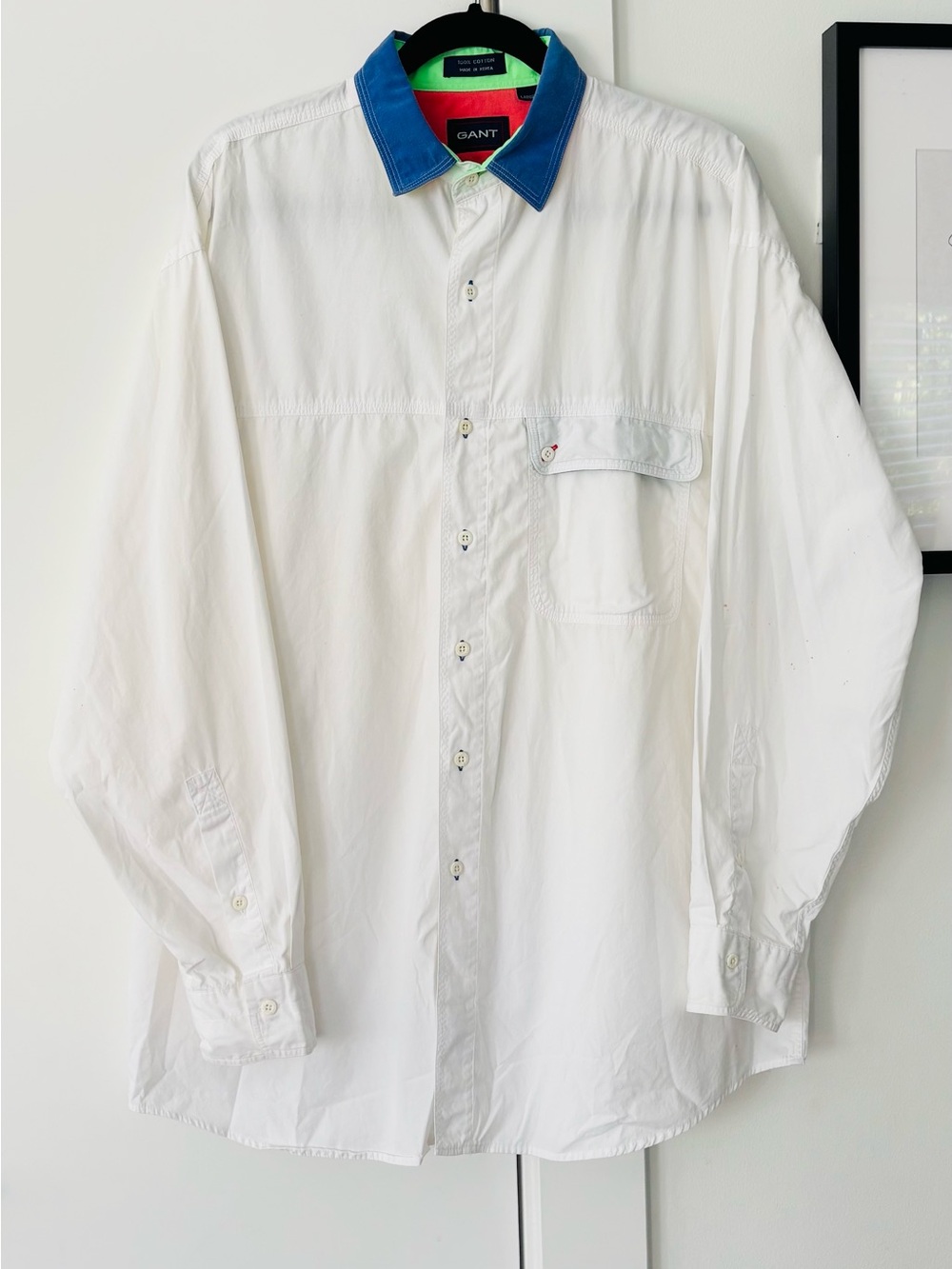 Men's Vintage Gant White button long sleeve cotton shirt color block size large